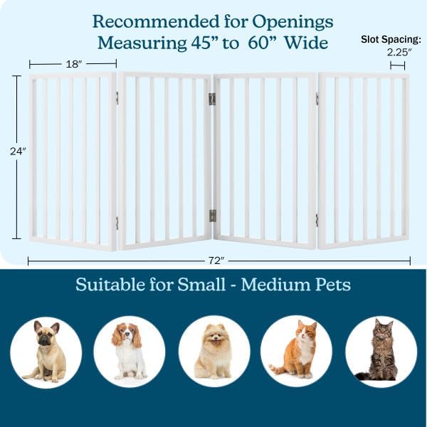 Pet Gate - 4-Panel Indoor Foldable Dog Fence for Stairs, Hallways or Doorways - 72x24-Inch Retractable Wood Freestanding Dog Gates (White)