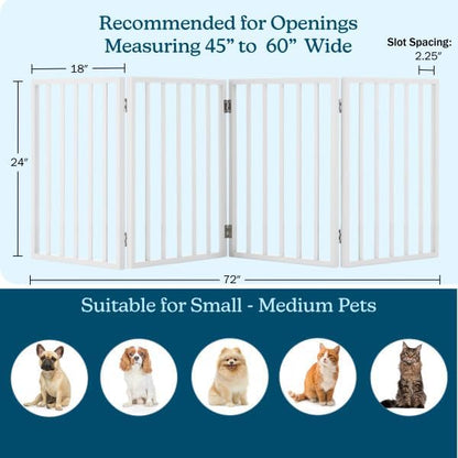 Pet Gate - 4-Panel Indoor Foldable Dog Fence for Stairs, Hallways or Doorways - 72x24-Inch Retractable Wood Freestanding Dog Gates (White)