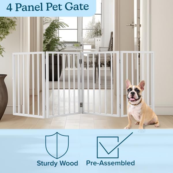 Pet Gate - 4-Panel Indoor Foldable Dog Fence for Stairs, Hallways or Doorways - 72x24-Inch Retractable Wood Freestanding Dog Gates (White)