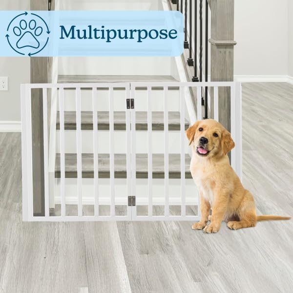 Pet Gate - 4-Panel Indoor Foldable Dog Fence for Stairs, Hallways or Doorways - 72x24-Inch Retractable Wood Freestanding Dog Gates (White)