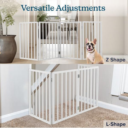 Pet Gate - 4-Panel Indoor Foldable Dog Fence for Stairs, Hallways or Doorways - 72x24-Inch Retractable Wood Freestanding Dog Gates (White)