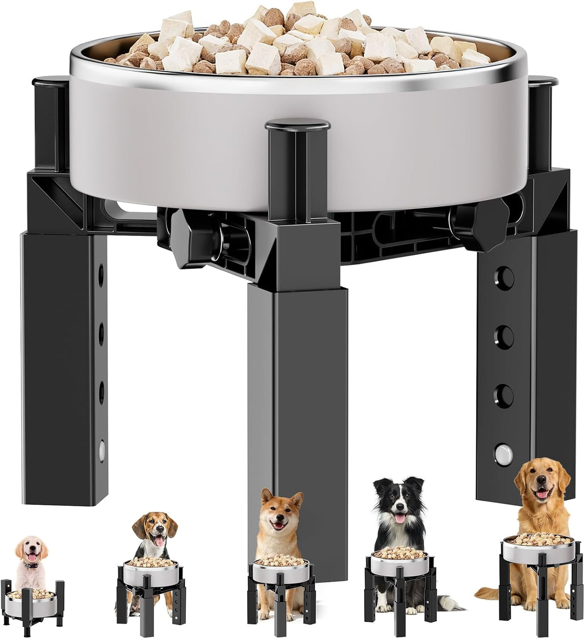 Dog Bowl Stand with Adjustable Height & Width, Anti-Slip Elevated Food Water Bowl Holder for Large Medium Small Dogs, Durable Raised Dog Feeder for Lifted Feeding, Only Stand Without Bowls