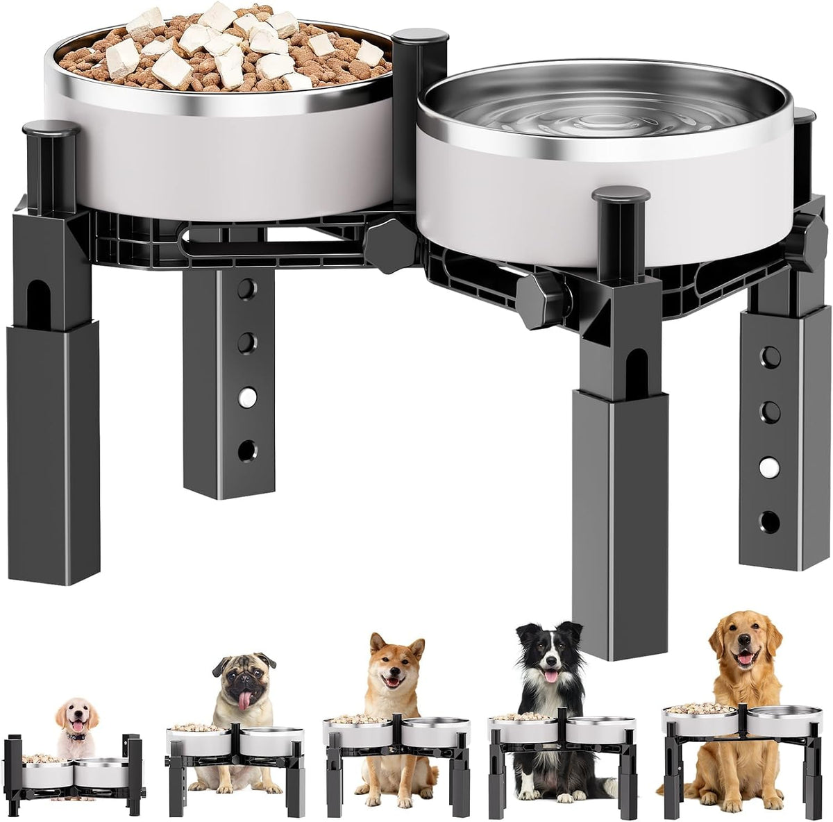 Dog Bowl Stand with Adjustable Height & Width, Anti-Slip Elevated Food Water Bowl Holder for Large Medium Small Dogs, Durable Raised Dog Feeder for Lifted Feeding, Only Stand Without Bowls