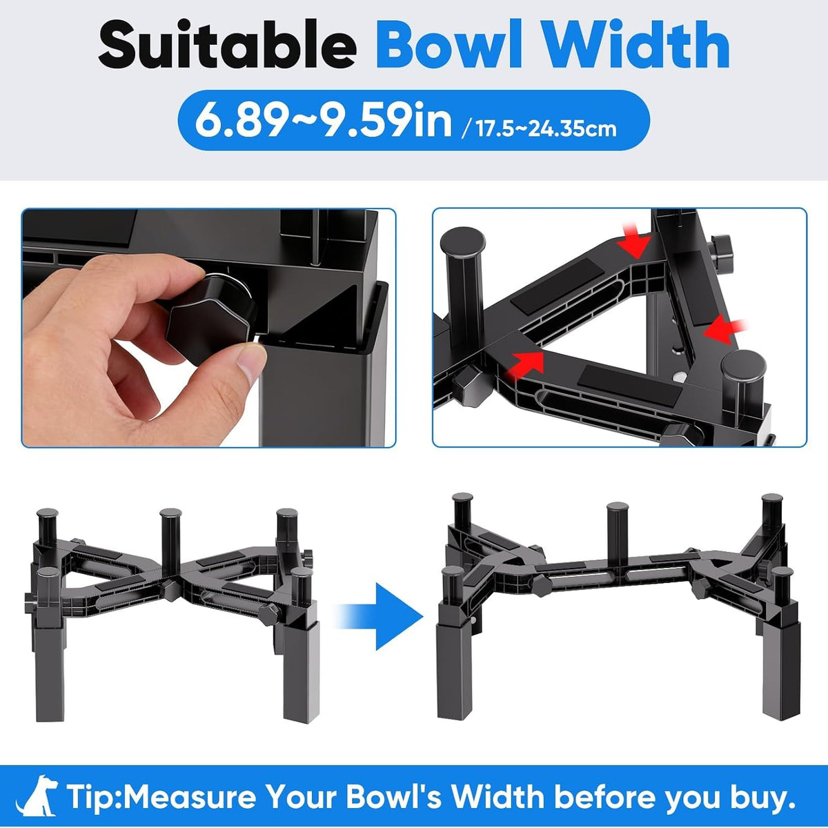 Dog Bowl Stand with Adjustable Height & Width, Anti-Slip Elevated Food Water Bowl Holder for Large Medium Small Dogs, Durable Raised Dog Feeder for Lifted Feeding, Only Stand Without Bowls
