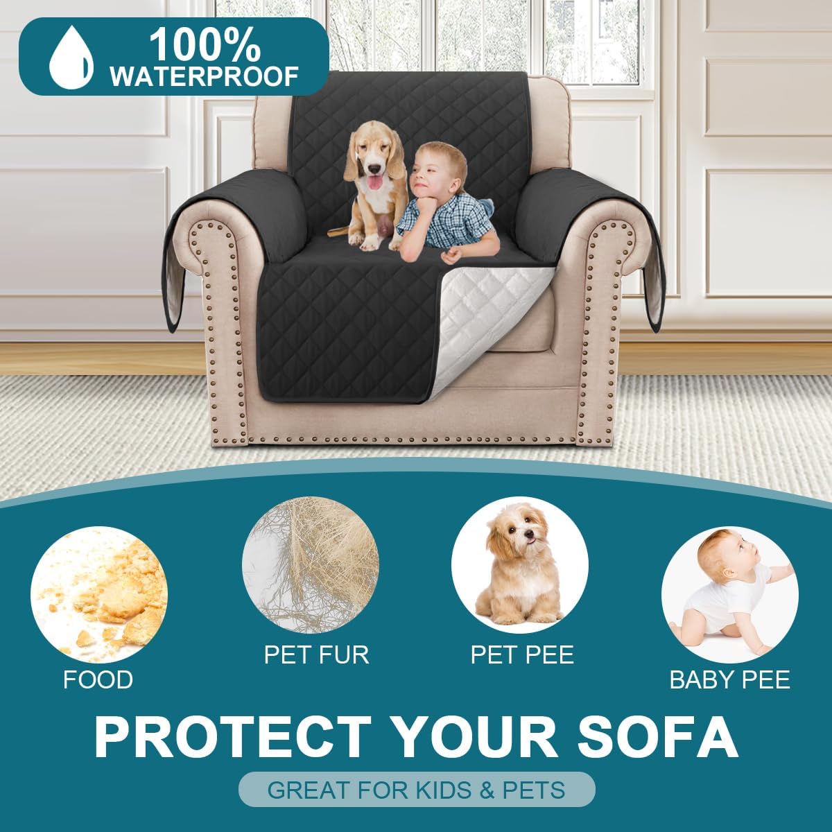 100% Waterproof Sofa Covers Couch Cover Sofa Cover for Dogs Couch Protector Triple Non-Slip Sofa Slipcover for 3 Cushion Couch Furniture Protector for Pets, Kids,Dog (Sofa 70", Ivory)