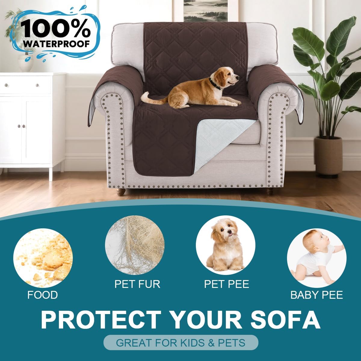 100% Waterproof Sofa Covers Couch Cover Sofa Cover for Dogs Couch Protector Triple Non-Slip Sofa Slipcover for 3 Cushion Couch Furniture Protector for Pets, Kids,Dog (Sofa 70", Ivory)