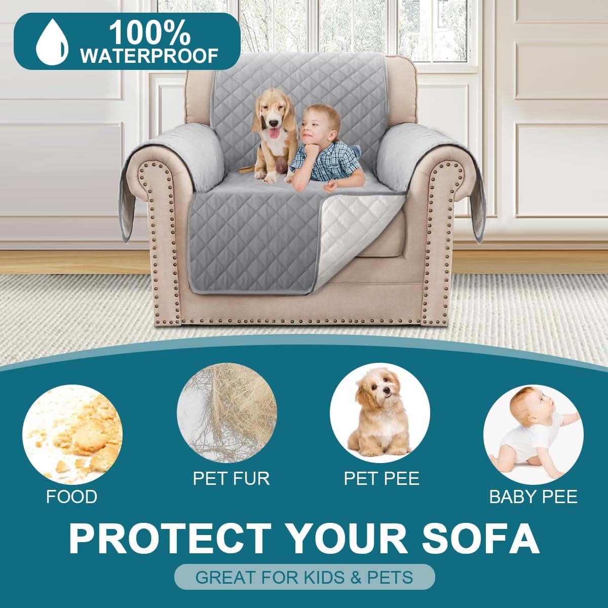 100% Waterproof Sofa Covers Couch Cover Sofa Cover for Dogs Couch Protector Triple Non-Slip Sofa Slipcover for 3 Cushion Couch Furniture Protector for Pets, Kids,Dog (Sofa 70", Ivory)