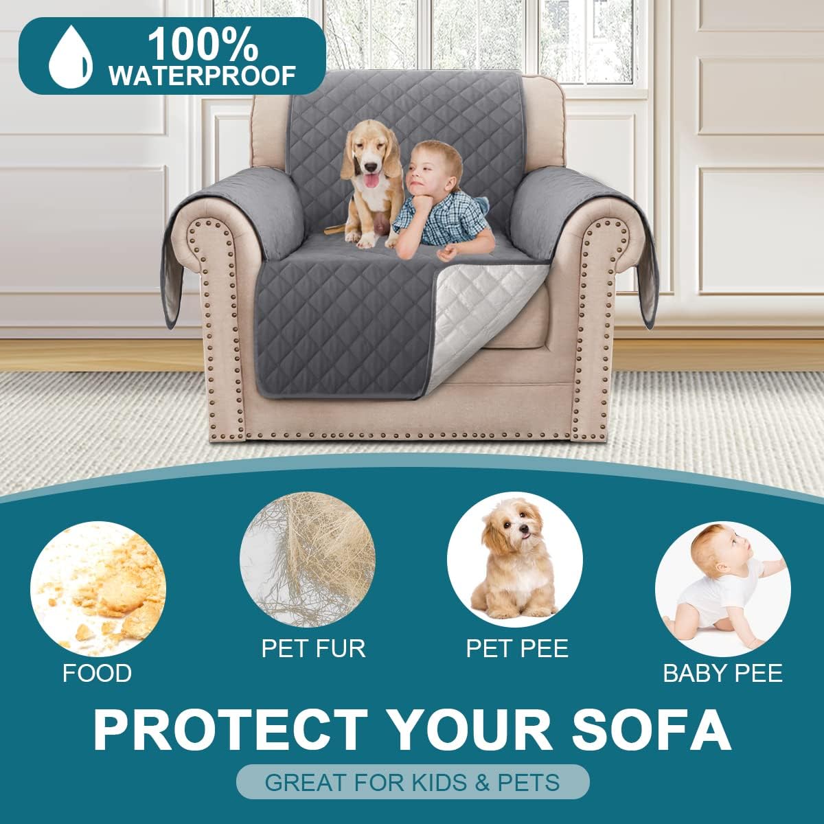 100% Waterproof Sofa Covers Couch Cover Sofa Cover for Dogs Couch Protector Triple Non-Slip Sofa Slipcover for 3 Cushion Couch Furniture Protector for Pets, Kids,Dog (Sofa 70", Ivory)