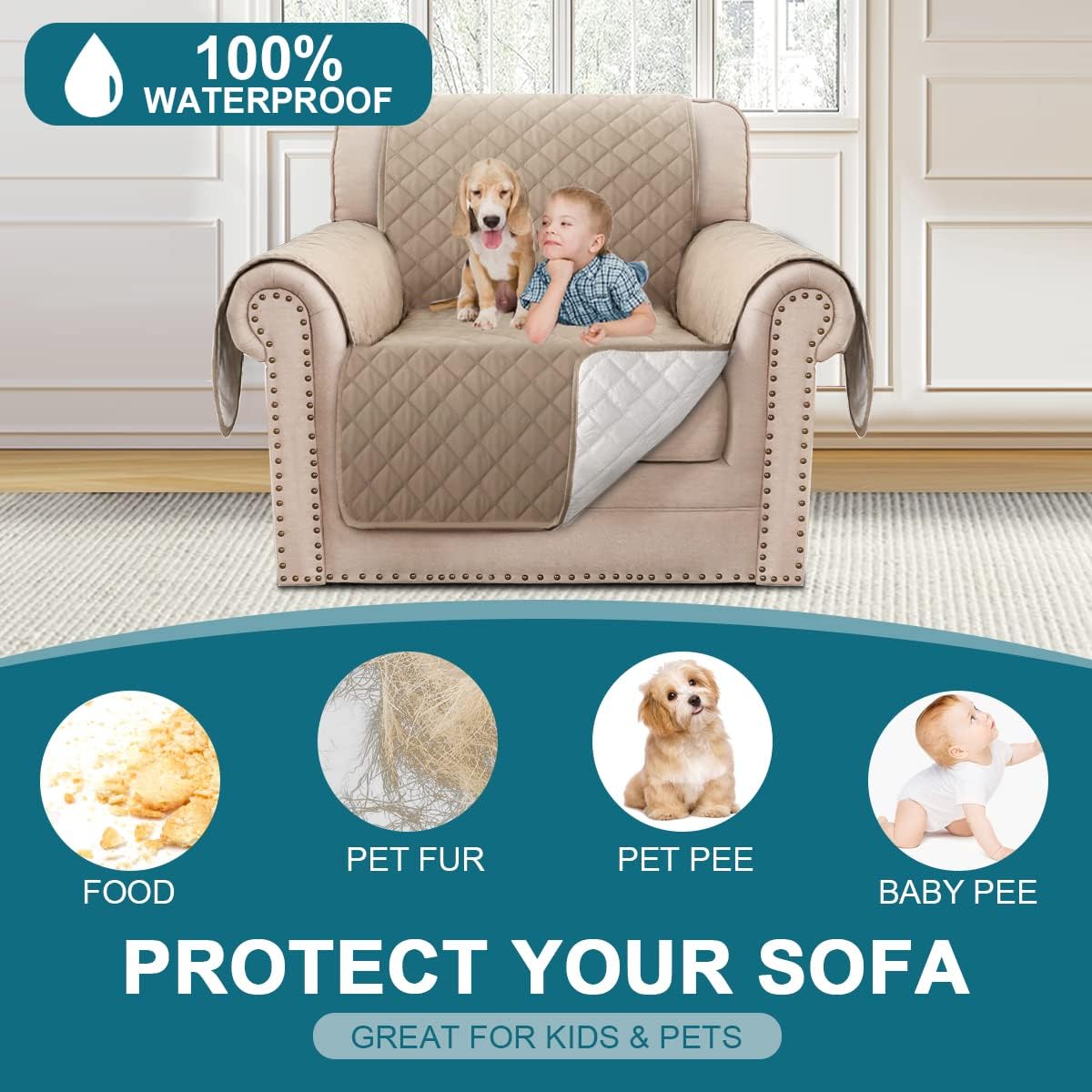 100% Waterproof Sofa Covers Couch Cover Sofa Cover for Dogs Couch Protector Triple Non-Slip Sofa Slipcover for 3 Cushion Couch Furniture Protector for Pets, Kids,Dog (Sofa 70", Ivory)