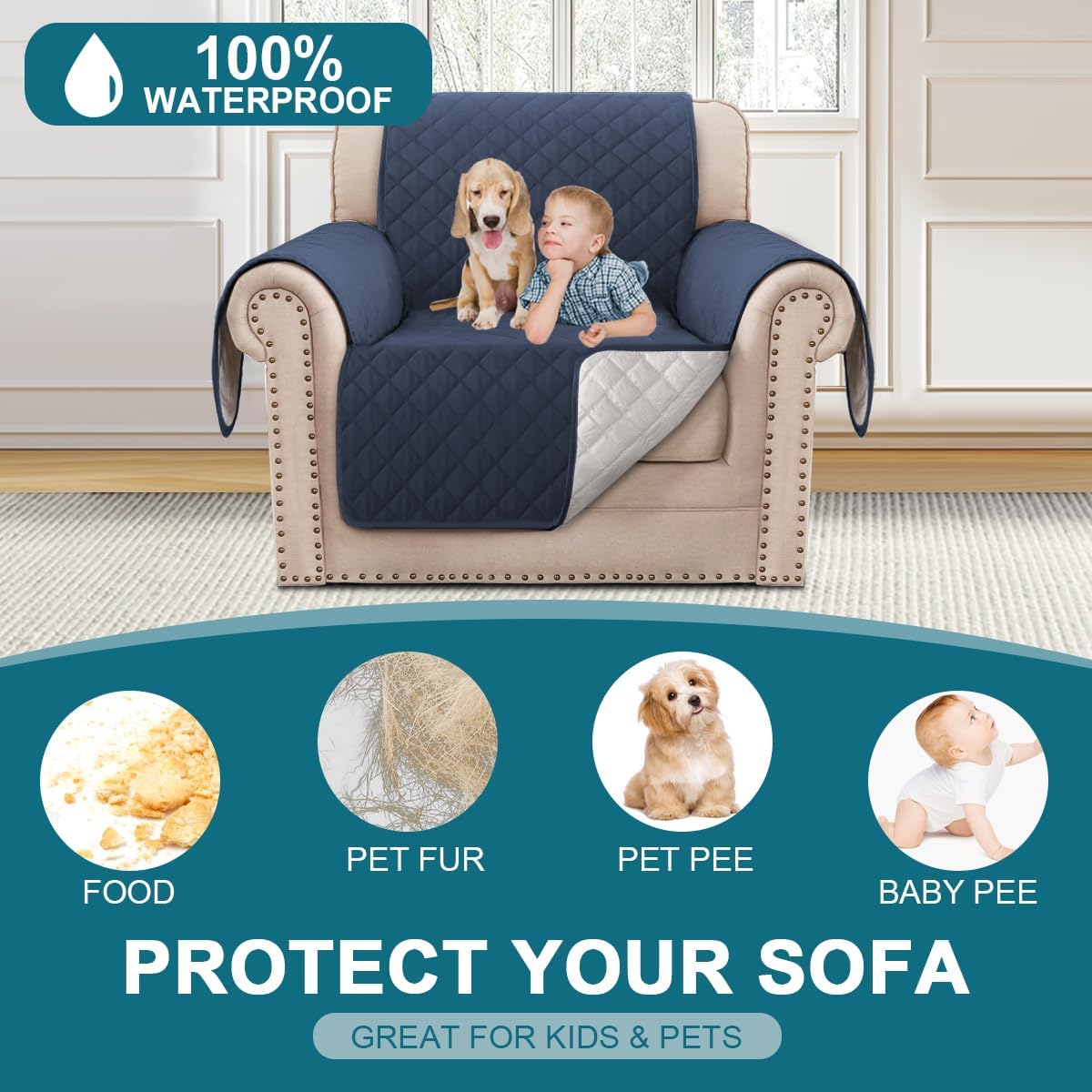 100% Waterproof Sofa Covers Couch Cover Sofa Cover for Dogs Couch Protector Triple Non-Slip Sofa Slipcover for 3 Cushion Couch Furniture Protector for Pets, Kids,Dog (Sofa 70", Ivory)
