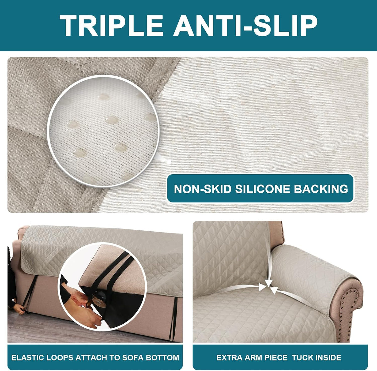 100% Waterproof Sofa Covers Couch Cover Sofa Cover for Dogs Couch Protector Triple Non-Slip Sofa Slipcover for 3 Cushion Couch Furniture Protector for Pets, Kids,Dog (Sofa 70", Ivory)