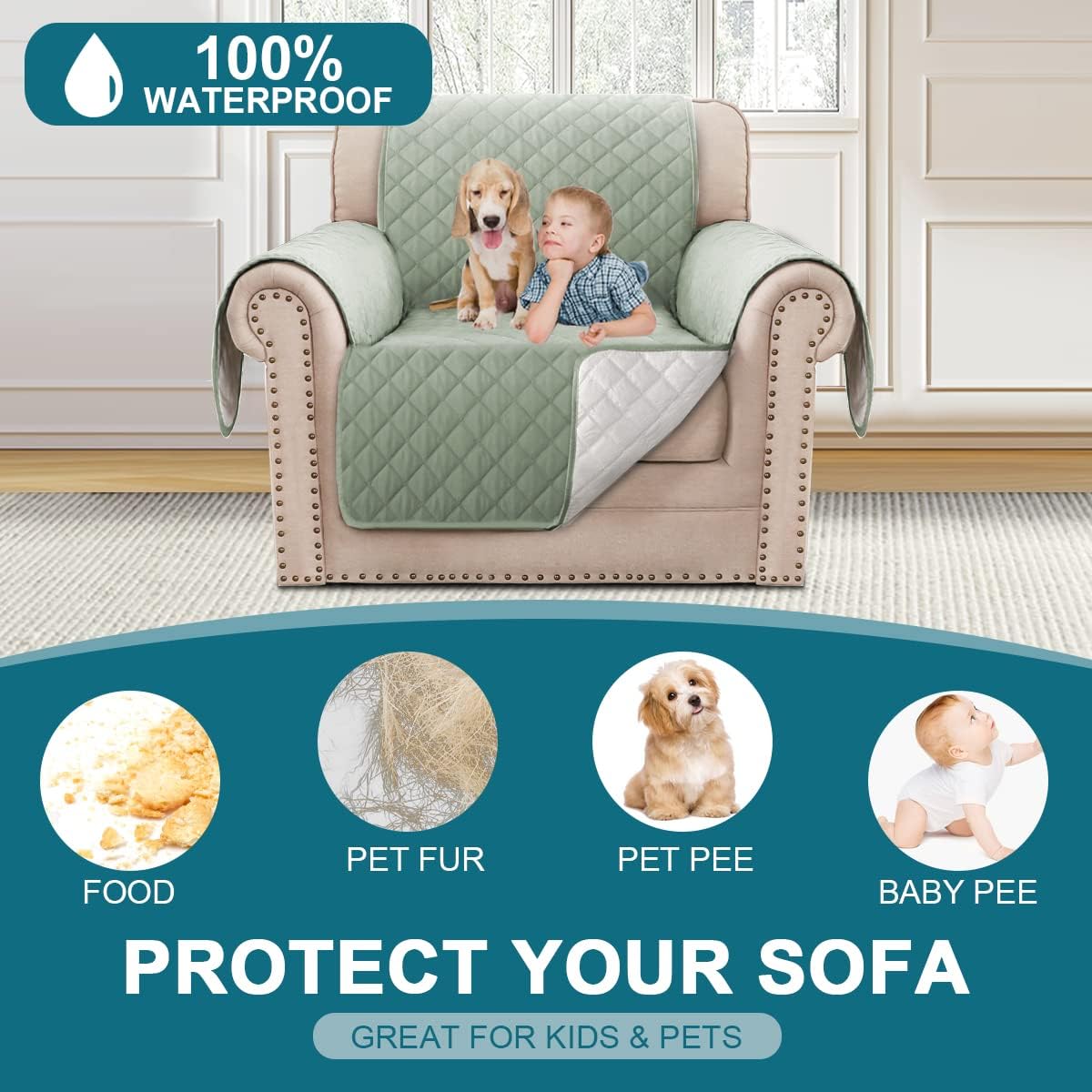 100% Waterproof Sofa Covers Couch Cover Sofa Cover for Dogs Couch Protector Triple Non-Slip Sofa Slipcover for 3 Cushion Couch Furniture Protector for Pets, Kids,Dog (Sofa 70", Ivory)