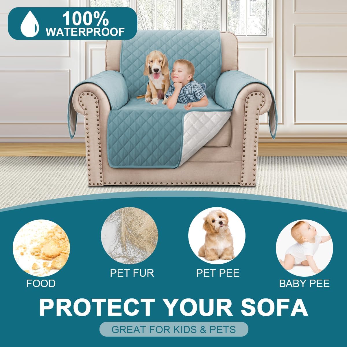 100% Waterproof Sofa Covers Couch Cover Sofa Cover for Dogs Couch Protector Triple Non-Slip Sofa Slipcover for 3 Cushion Couch Furniture Protector for Pets, Kids,Dog (Sofa 70", Ivory)