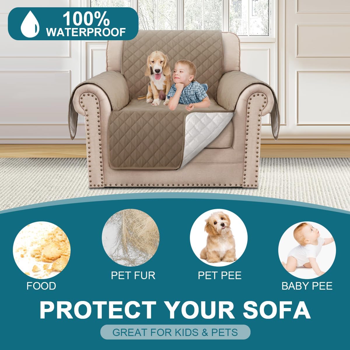 100% Waterproof Sofa Covers Couch Cover Sofa Cover for Dogs Couch Protector Triple Non-Slip Sofa Slipcover for 3 Cushion Couch Furniture Protector for Pets, Kids,Dog (Sofa 70", Ivory)
