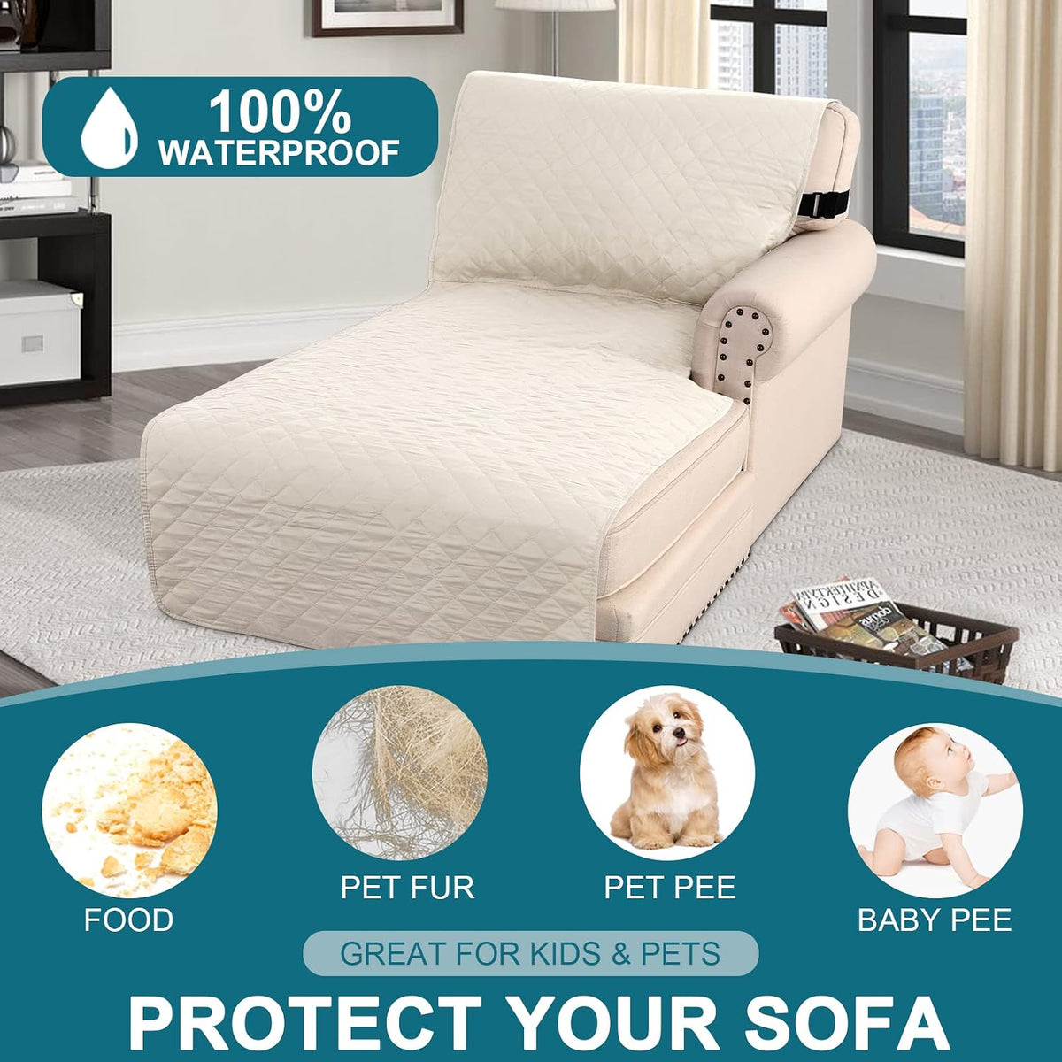 100% Waterproof Sofa Covers Couch Cover Sofa Cover for Dogs Couch Protector Triple Non-Slip Sofa Slipcover for 3 Cushion Couch Furniture Protector for Pets, Kids,Dog (Sofa 70", Ivory)