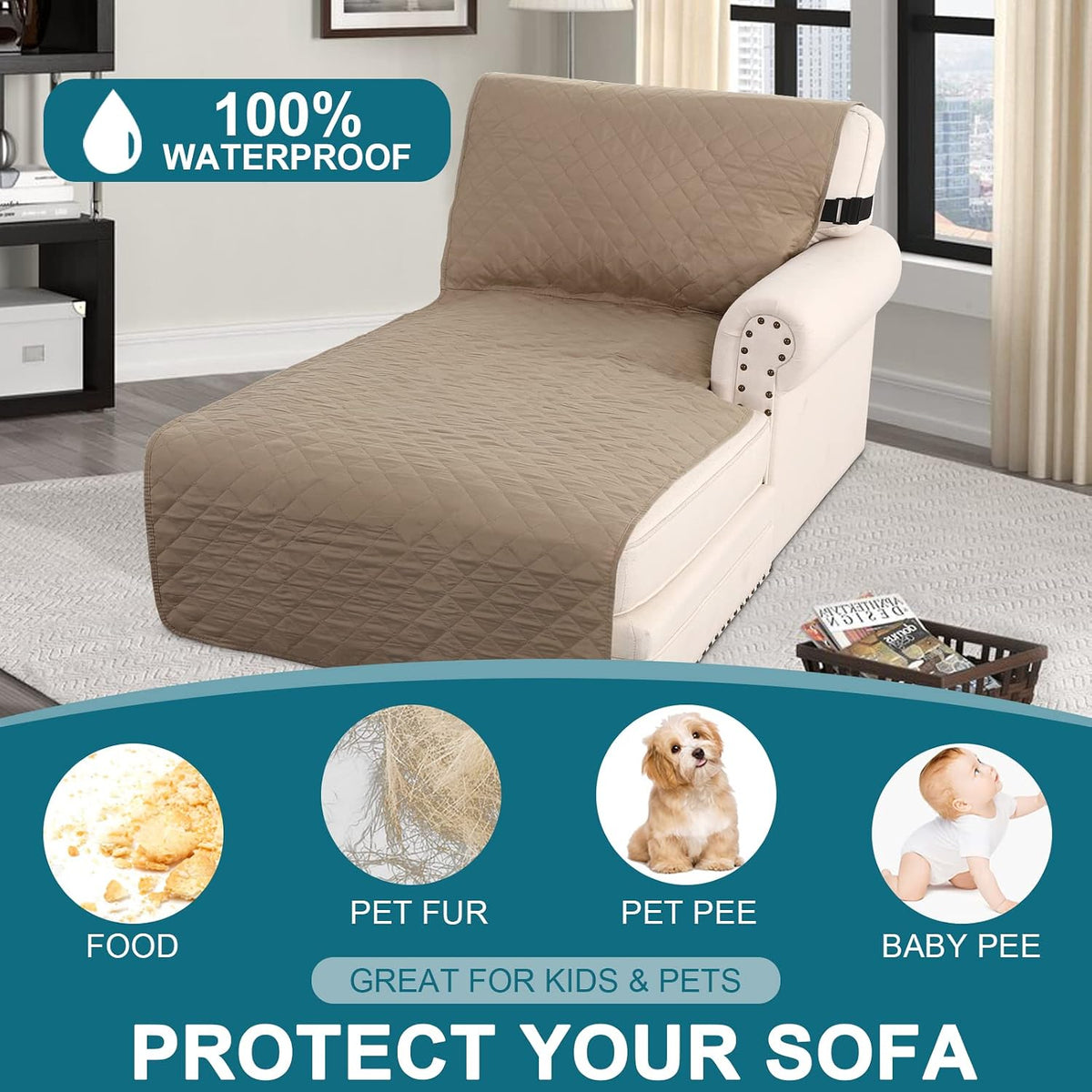 100% Waterproof Sofa Covers Couch Cover Sofa Cover for Dogs Couch Protector Triple Non-Slip Sofa Slipcover for 3 Cushion Couch Furniture Protector for Pets, Kids,Dog (Sofa 70", Ivory)