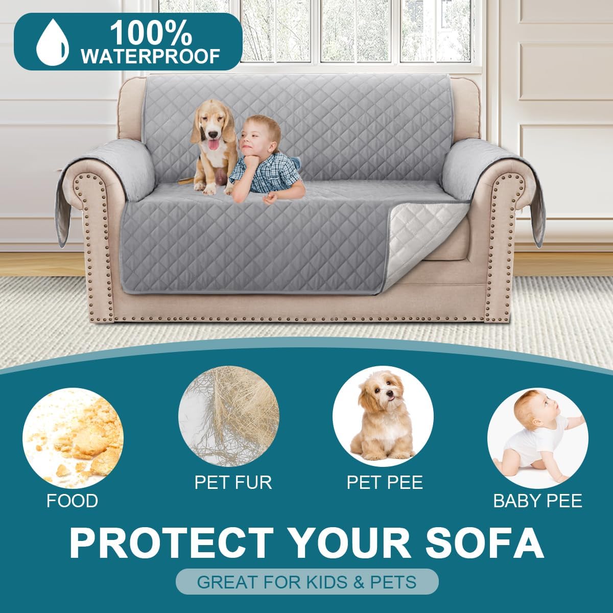 100% Waterproof Sofa Covers Couch Cover Sofa Cover for Dogs Couch Protector Triple Non-Slip Sofa Slipcover for 3 Cushion Couch Furniture Protector for Pets, Kids,Dog (Sofa 70", Ivory)