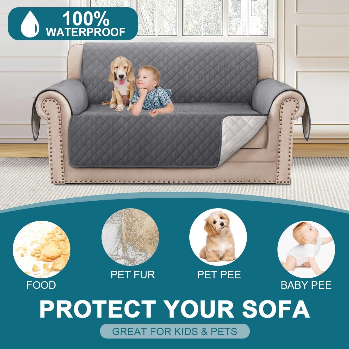 100% Waterproof Sofa Covers Couch Cover Sofa Cover for Dogs Couch Protector Triple Non-Slip Sofa Slipcover for 3 Cushion Couch Furniture Protector for Pets, Kids,Dog (Sofa 70", Ivory)