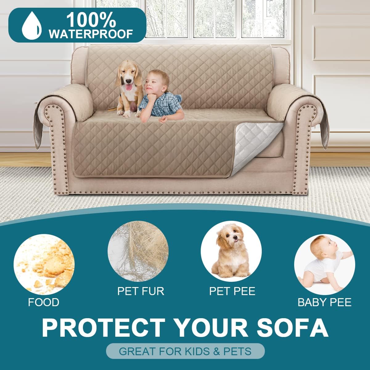 100% Waterproof Sofa Covers Couch Cover Sofa Cover for Dogs Couch Protector Triple Non-Slip Sofa Slipcover for 3 Cushion Couch Furniture Protector for Pets, Kids,Dog (Sofa 70", Ivory)