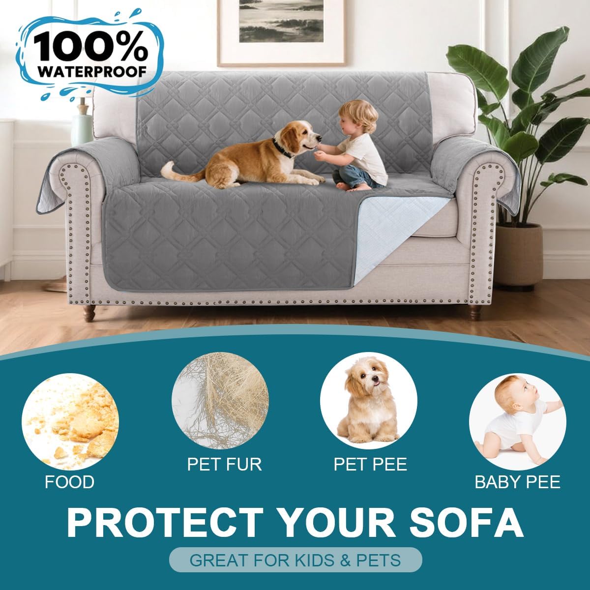100% Waterproof Sofa Covers Couch Cover Sofa Cover for Dogs Couch Protector Triple Non-Slip Sofa Slipcover for 3 Cushion Couch Furniture Protector for Pets, Kids,Dog (Sofa 70", Ivory)
