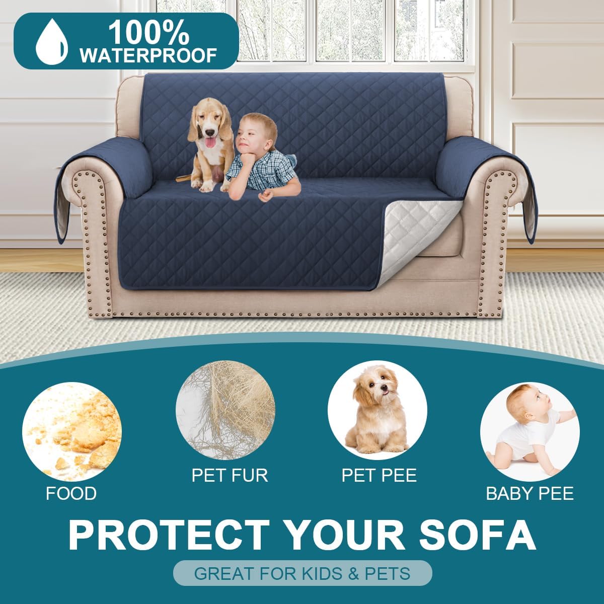 100% Waterproof Sofa Covers Couch Cover Sofa Cover for Dogs Couch Protector Triple Non-Slip Sofa Slipcover for 3 Cushion Couch Furniture Protector for Pets, Kids,Dog (Sofa 70", Ivory)