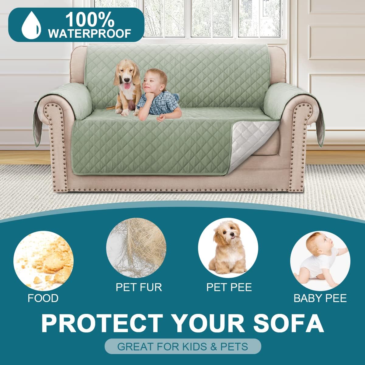 100% Waterproof Sofa Covers Couch Cover Sofa Cover for Dogs Couch Protector Triple Non-Slip Sofa Slipcover for 3 Cushion Couch Furniture Protector for Pets, Kids,Dog (Sofa 70", Ivory)