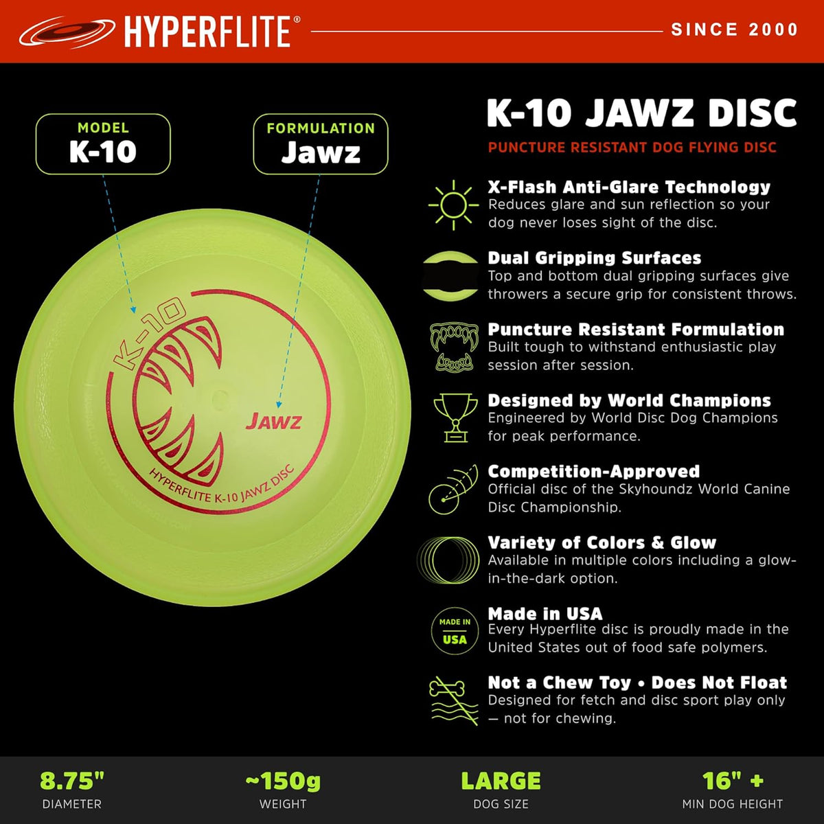 K-10 Jawz Puncture Resistant Dog Flying Disc, Medium-Large