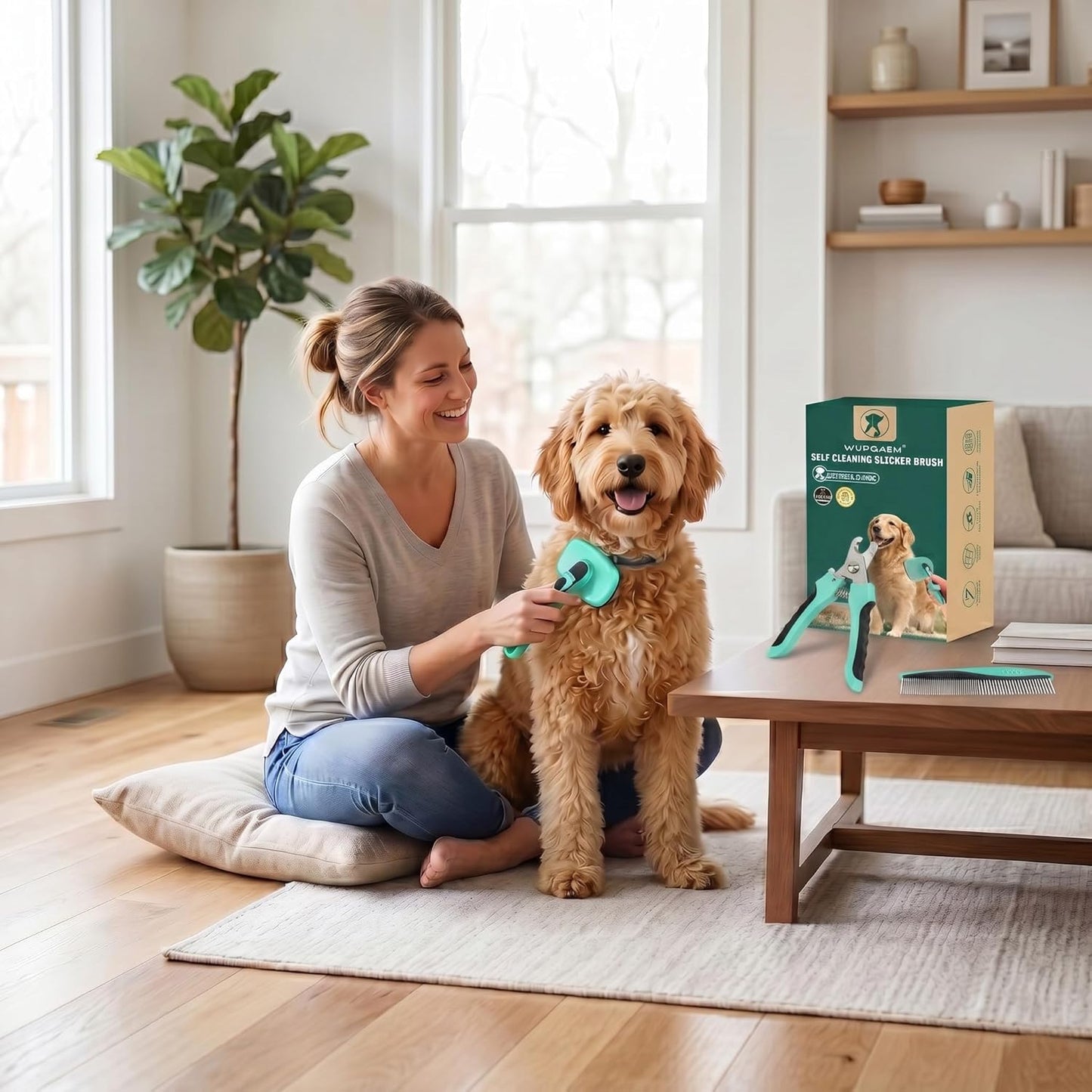 2 Pcs Self Cleaning Slicker Brush & Nail Clippers for Dog and Cats,Shedding Long and Short Haired Pets,Skin Friendly Deshedding Grooming Tool