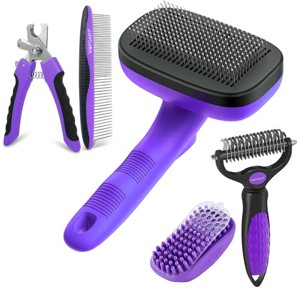 2 Pcs Self Cleaning Slicker Brush & Nail Clippers for Dog and Cats,Shedding Long and Short Haired Pets,Skin Friendly Deshedding Grooming Tool