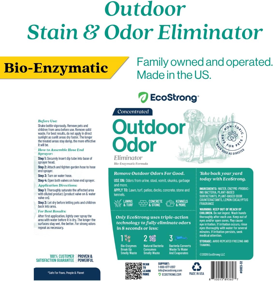 Outdoor Odor Eliminator | Outside Dog Urine Enzyme Cleaner – Powerful Pet, Cat, Animal Scent Deodorizer | Professional Strength for Yard, Turf, Kennels, Patios, Decks (Gallon with Sprayer)