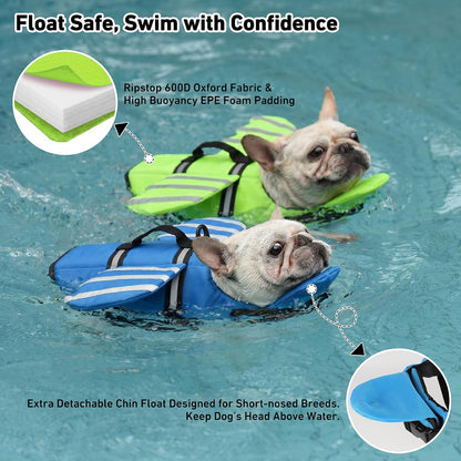 Dog Life Jacket, Cute Wings Adjustable Dog Life Vest with Chin Float and Handle for Swimming Boating Reflective High Buoyancy Swim Float Vest for Small Medium Large Dogs (Blue, M)