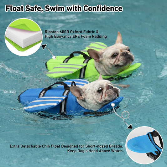Dog Life Jacket, Cute Wings Adjustable Dog Life Vest with Chin Float and Handle for Swimming Boating Reflective High Buoyancy Swim Float Vest for Small Medium Large Dogs (Blue, M)
