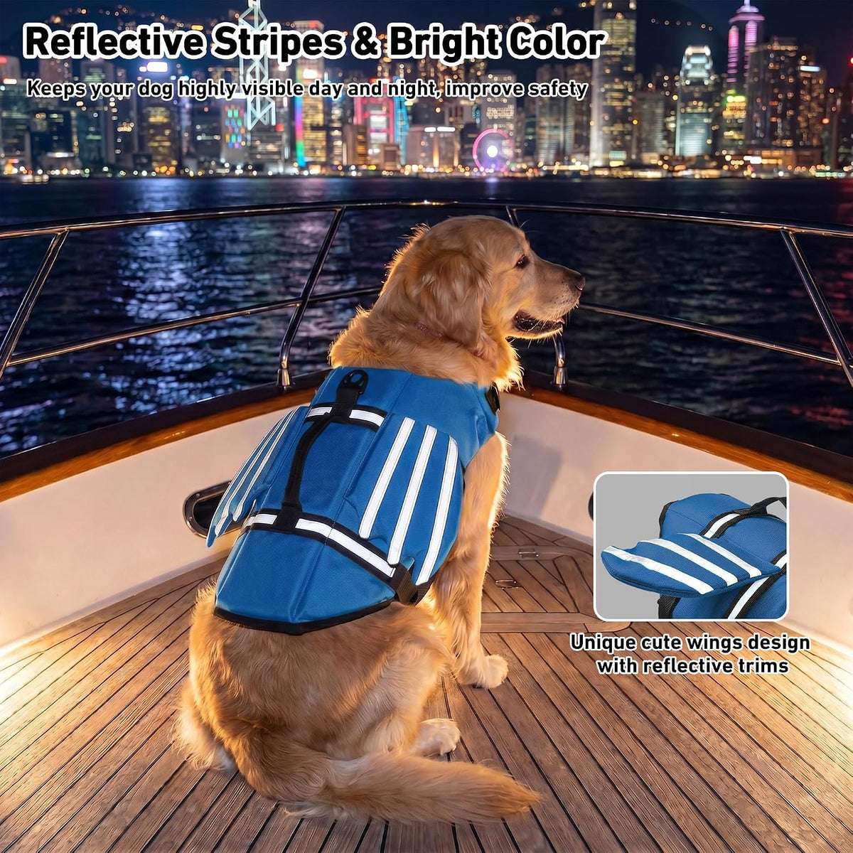 Dog Life Jacket, Cute Wings Adjustable Dog Life Vest with Chin Float and Handle for Swimming Boating Reflective High Buoyancy Swim Float Vest for Small Medium Large Dogs (Blue, M)