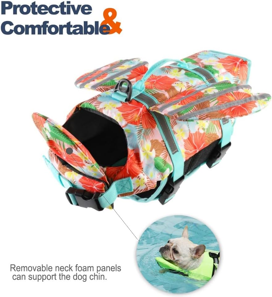 Dog Life Jacket, Cute Wings Adjustable Dog Life Vest with Chin Float and Handle for Swimming Boating Reflective High Buoyancy Swim Float Vest for Small Medium Large Dogs (Blue, M)