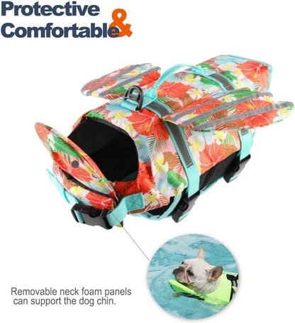Dog Life Jacket, Cute Wings Adjustable Dog Life Vest with Chin Float and Handle for Swimming Boating Reflective High Buoyancy Swim Float Vest for Small Medium Large Dogs (Blue, M)