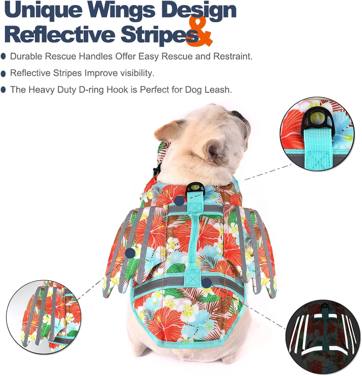 Dog Life Jacket, Cute Wings Adjustable Dog Life Vest with Chin Float and Handle for Swimming Boating Reflective High Buoyancy Swim Float Vest for Small Medium Large Dogs (Blue, M)