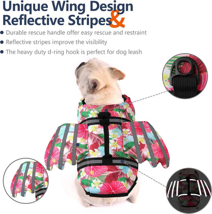 Dog Life Jacket, Cute Wings Adjustable Dog Life Vest with Chin Float and Handle for Swimming Boating Reflective High Buoyancy Swim Float Vest for Small Medium Large Dogs (Blue, M)