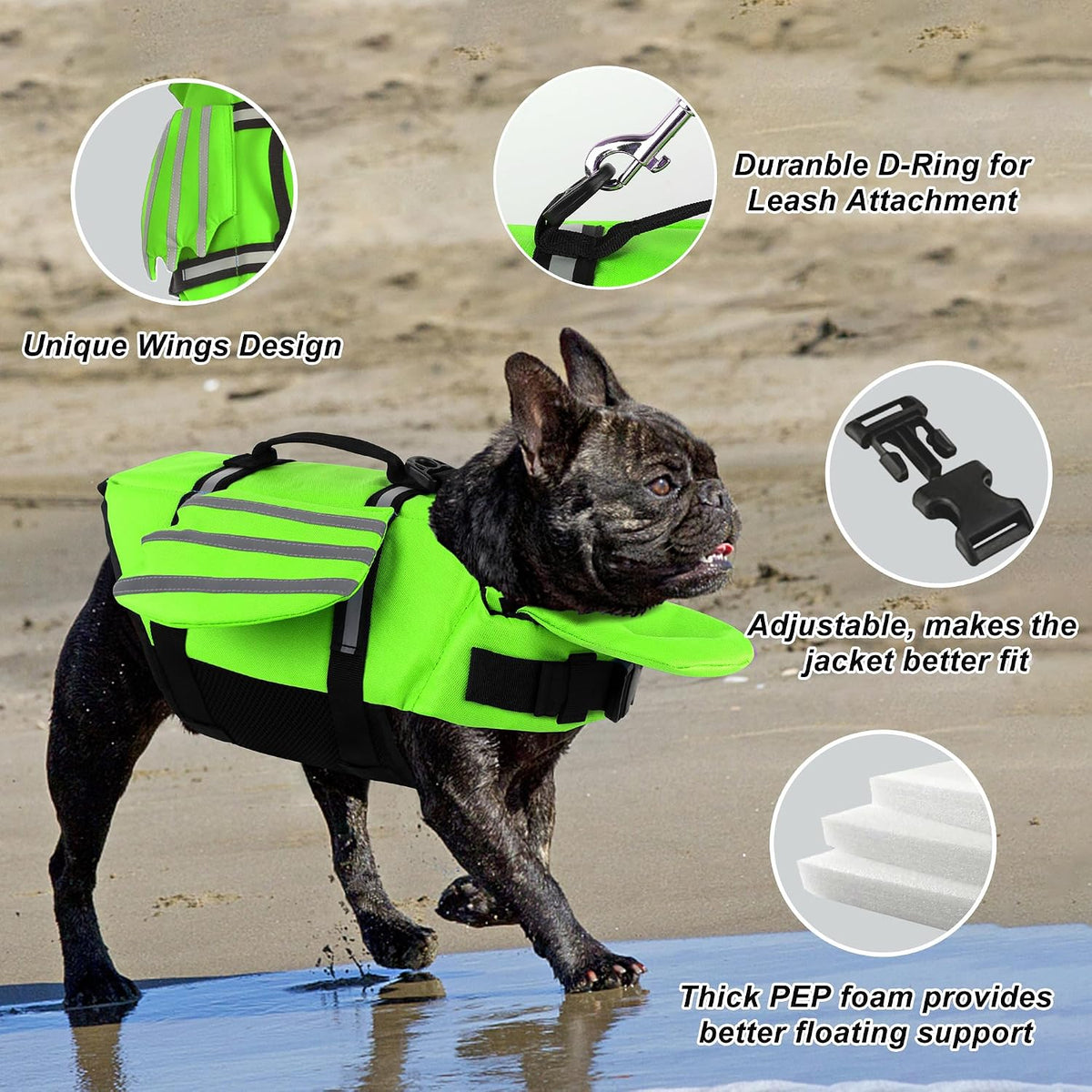 Dog Life Jacket, Cute Wings Adjustable Dog Life Vest with Chin Float and Handle for Swimming Boating Reflective High Buoyancy Swim Float Vest for Small Medium Large Dogs (Blue, M)