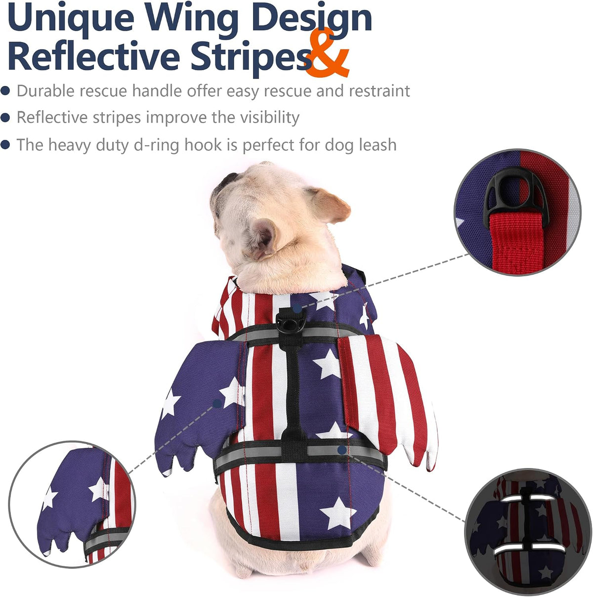 Dog Life Jacket, Cute Wings Adjustable Dog Life Vest with Chin Float and Handle for Swimming Boating Reflective High Buoyancy Swim Float Vest for Small Medium Large Dogs (Blue, M)