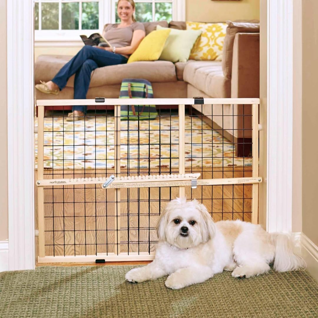MYPET Wire Mesh Dog Gate: 29.5"-50" Wide, Pressure Mounted with No Tools; Expandable, Durable Pet Gates for Doors and Hallways, 31" Tall, Made with Sustainable Hardwood