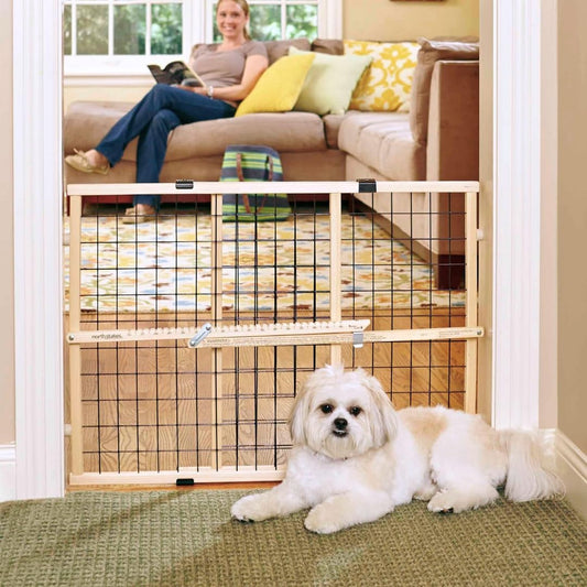 MYPET Wire Mesh Dog Gate: 29.5"-50" Wide, Pressure Mounted with No Tools; Expandable, Durable Pet Gates for Doors and Hallways, 31" Tall, Made with Sustainable Hardwood