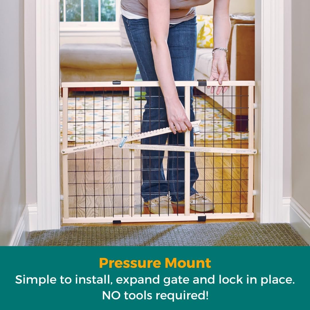 MYPET Wire Mesh Dog Gate: 29.5"-50" Wide, Pressure Mounted with No Tools; Expandable, Durable Pet Gates for Doors and Hallways, 31" Tall, Made with Sustainable Hardwood