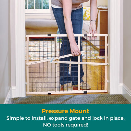 MYPET Wire Mesh Dog Gate: 29.5"-50" Wide, Pressure Mounted with No Tools; Expandable, Durable Pet Gates for Doors and Hallways, 31" Tall, Made with Sustainable Hardwood