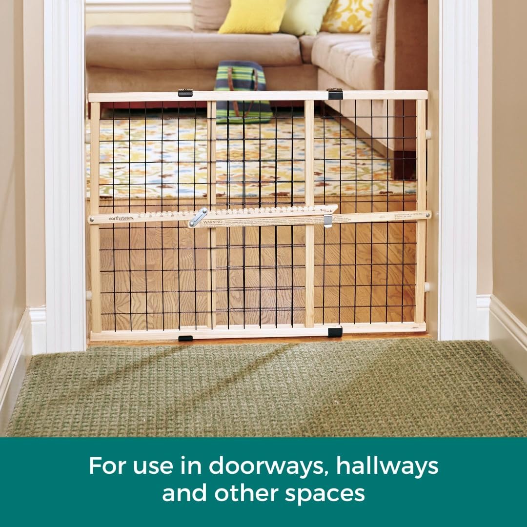MYPET Wire Mesh Dog Gate: 29.5"-50" Wide, Pressure Mounted with No Tools; Expandable, Durable Pet Gates for Doors and Hallways, 31" Tall, Made with Sustainable Hardwood