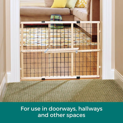 MYPET Wire Mesh Dog Gate: 29.5"-50" Wide, Pressure Mounted with No Tools; Expandable, Durable Pet Gates for Doors and Hallways, 31" Tall, Made with Sustainable Hardwood