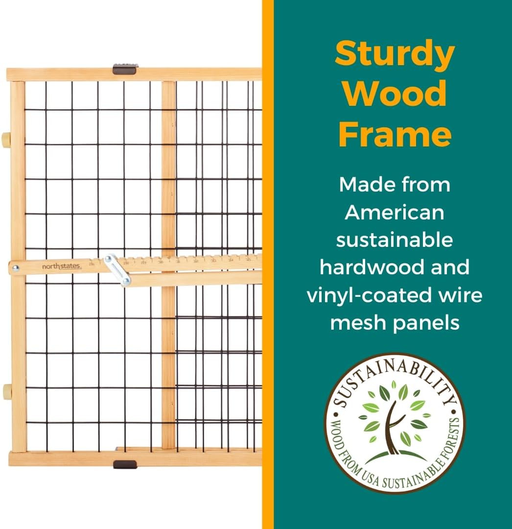 MYPET Wire Mesh Dog Gate: 29.5"-50" Wide, Pressure Mounted with No Tools; Expandable, Durable Pet Gates for Doors and Hallways, 31" Tall, Made with Sustainable Hardwood