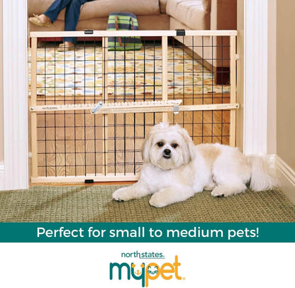 MYPET Wire Mesh Dog Gate: 29.5"-50" Wide, Pressure Mounted with No Tools; Expandable, Durable Pet Gates for Doors and Hallways, 31" Tall, Made with Sustainable Hardwood