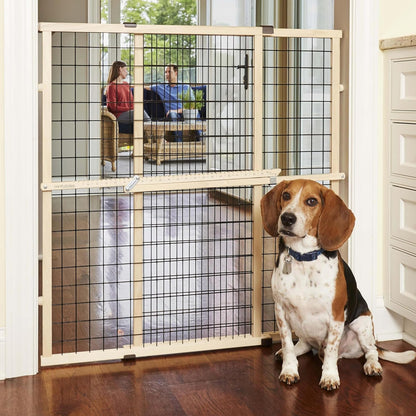 MYPET Wire Mesh Dog Gate: 29.5"-50" Wide, Pressure Mounted with No Tools; Expandable, Durable Pet Gates for Doors and Hallways, 31" Tall, Made with Sustainable Hardwood