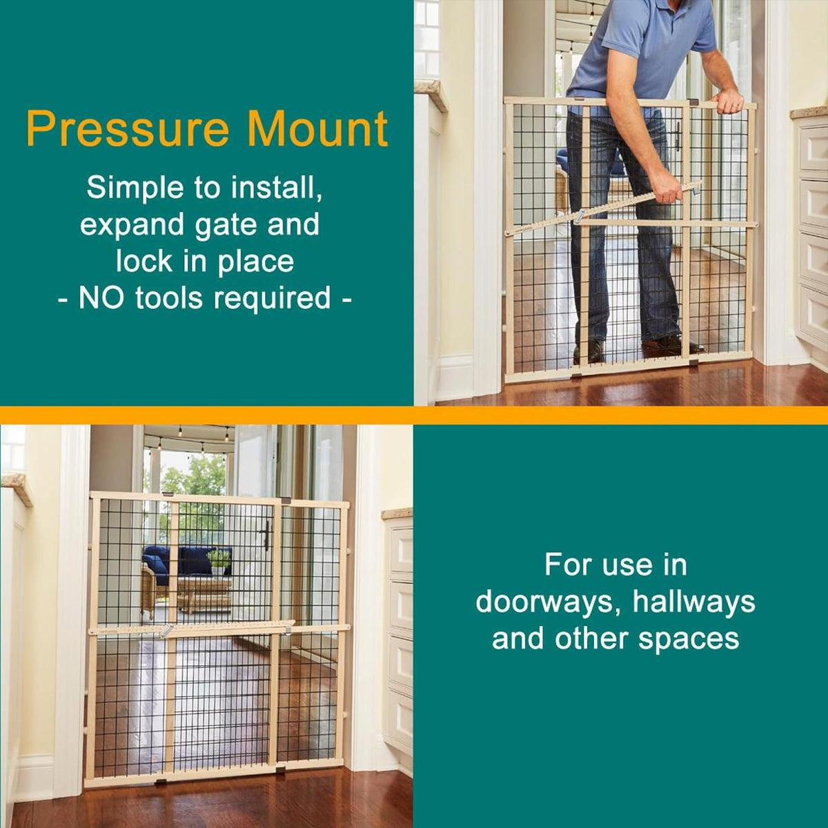 MYPET Wire Mesh Dog Gate: 29.5"-50" Wide, Pressure Mounted with No Tools; Expandable, Durable Pet Gates for Doors and Hallways, 31" Tall, Made with Sustainable Hardwood
