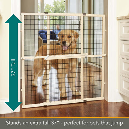 MYPET Wire Mesh Dog Gate: 29.5"-50" Wide, Pressure Mounted with No Tools; Expandable, Durable Pet Gates for Doors and Hallways, 31" Tall, Made with Sustainable Hardwood